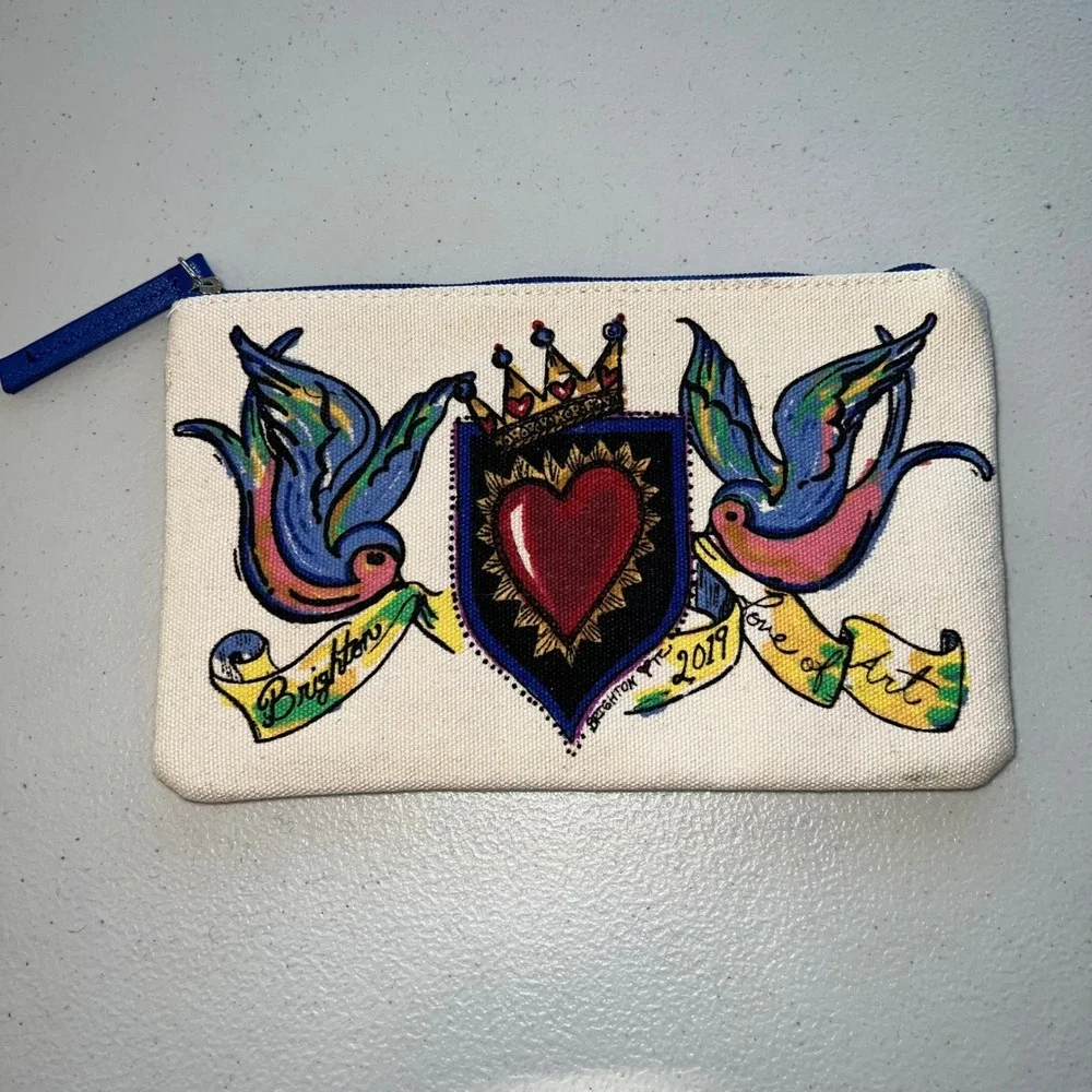 BRIGHTON Love Of Art Dove Heart Canvas Multicolor Zipper Pouch Cosmetic Bag